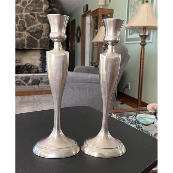 Vintage Brushed Silver Tone Pair of Taper Candlesticks Measures 11 3/4" Tall - Picture 4 of 7